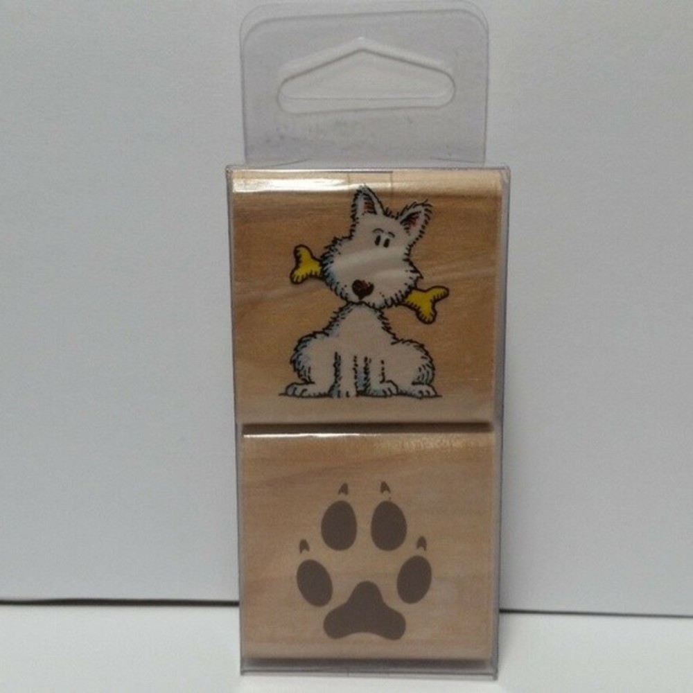 Terrier Dog w/Bone Dog Paw Print Wood Block Stamp Scrapbook Paper Crafts